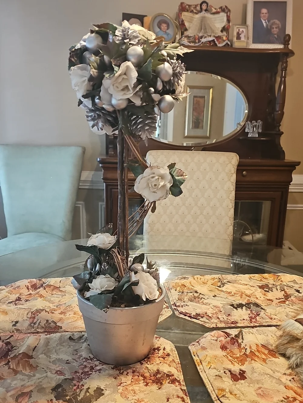 Elegant White Rose Topiary in Silver Pot - Home Accents
